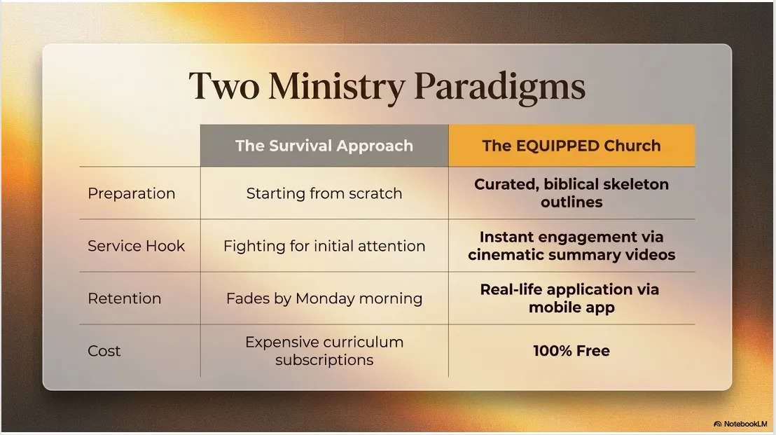 The 5-step process: Select → Build → Capture → Deliver → Extend — turning one sermon into an ongoing discipleship experience.