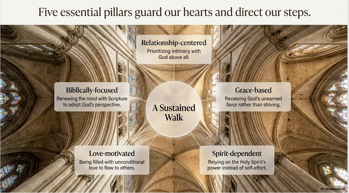 The five pillars of Total Life Discipleship — relationship-centered, grace-based, Spirit-dependent, love-motivated, biblically focused.